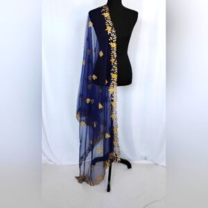 Net Navy Blue dupatta with gold embroidered cut work with small pearls